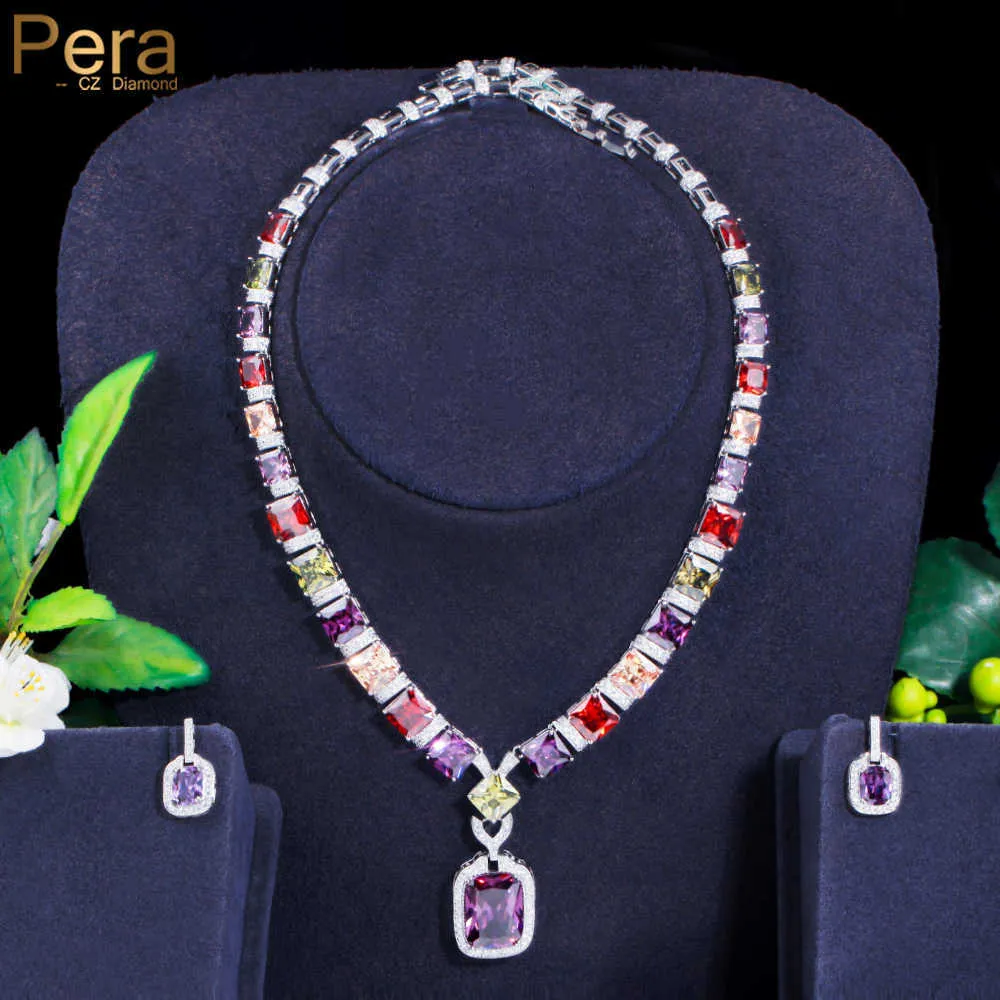 Pera Luxueux Princesse Cut Coloré CZ Cristal Carré Pendentif Boucles D'oreilles Collier De Fiançailles De Mariée Ensembles De Bijoux pour Les Mariées J469 H1022