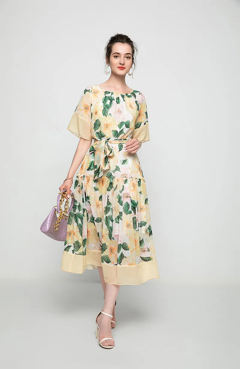 mid calf dresses with short sleeves Women's Runway Dress Crew Neck Short Sleeve Polyester Mid-Calf A-Line Dress  with Ruffle Print and Sash Belt from Dhgate Runway Dresses