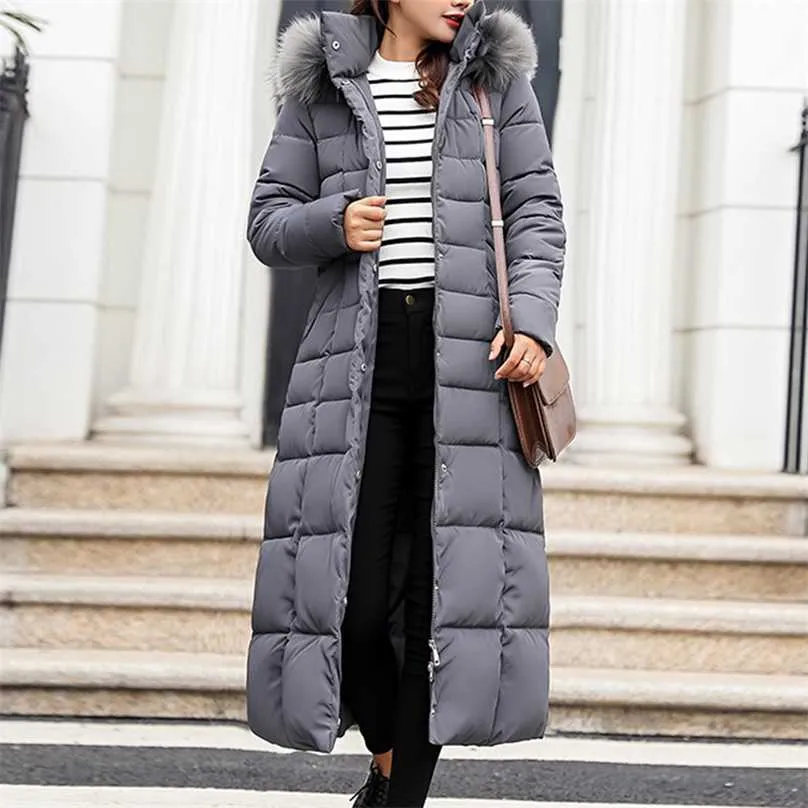 Styl Trendy Płaszcz Kobiety Kurtka Zimowa Bawełna Wyściełana Ciepła Maxi Puffer Panie Długie S Parka Femme 211018