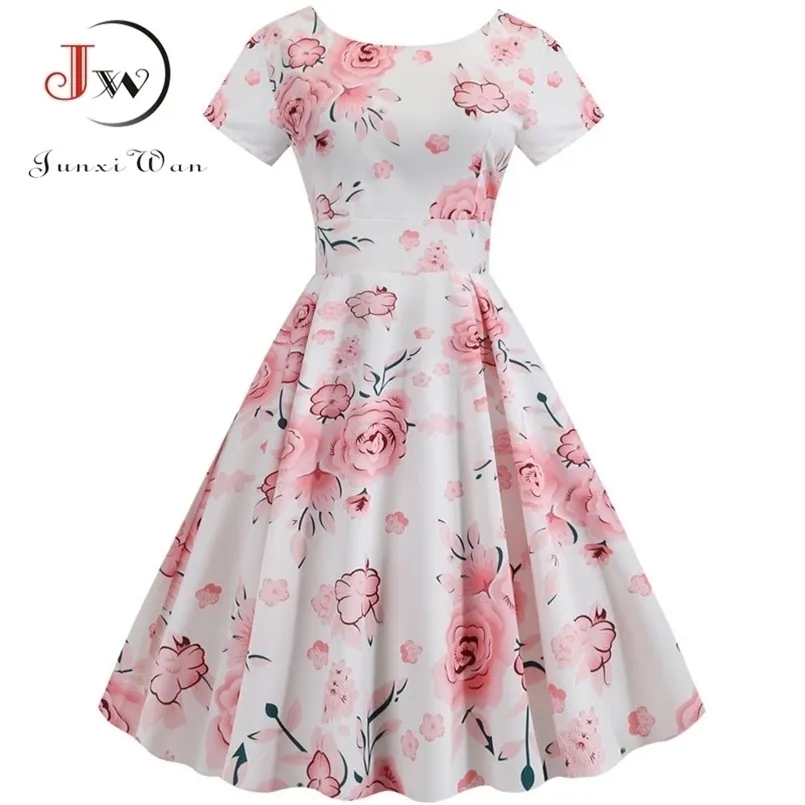 Lato Floral Print Elegancka A-Line Party Dres Slim Biały Krótki Rękaw Swing Pin Up Vintage Dresses Plus Size Robe Femme 220311