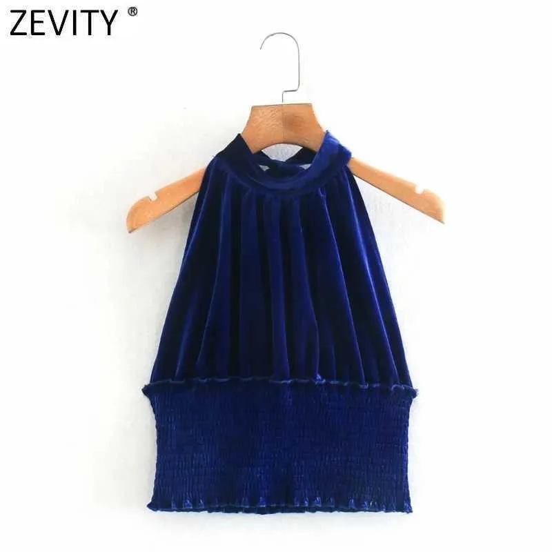 Zevity Kvinnor Sexig Backless Bow Tied Velvet Smock Blus Kvinna Ärmlös Västskjortor Chic Short Blusas Tops LS7686 210603