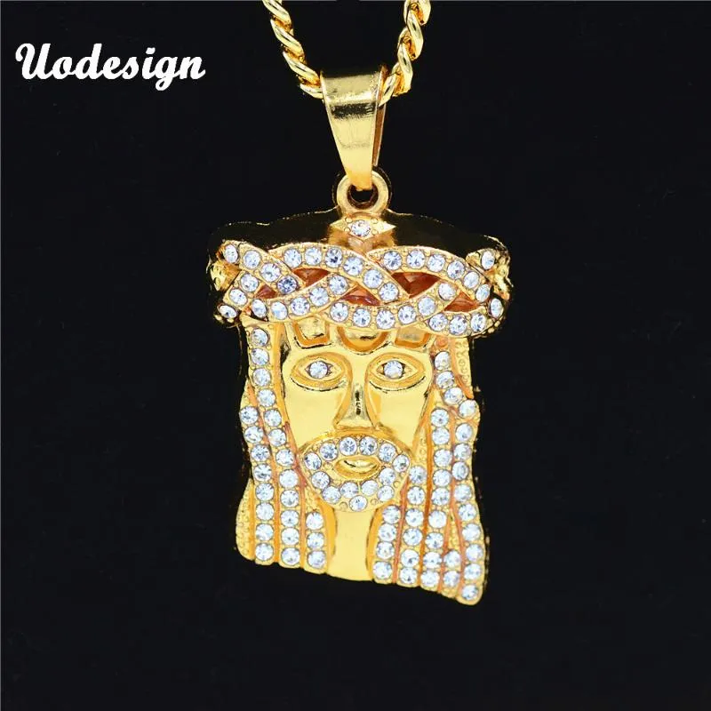 Hängsmycke Halsband Uodesign Hip Hop Iced Out Crystal Jesus Kristus Piece Head Face Pendants Guldkedja för män Smycken