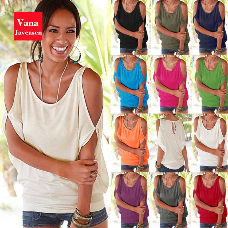 Vana Javaasen Sexy Aberto Volta Mulheres T-shirt para Summer Strapless Ombro Lady Top Batwing Sleeve Roupas Mulher Camiseta Mujer Y0629
