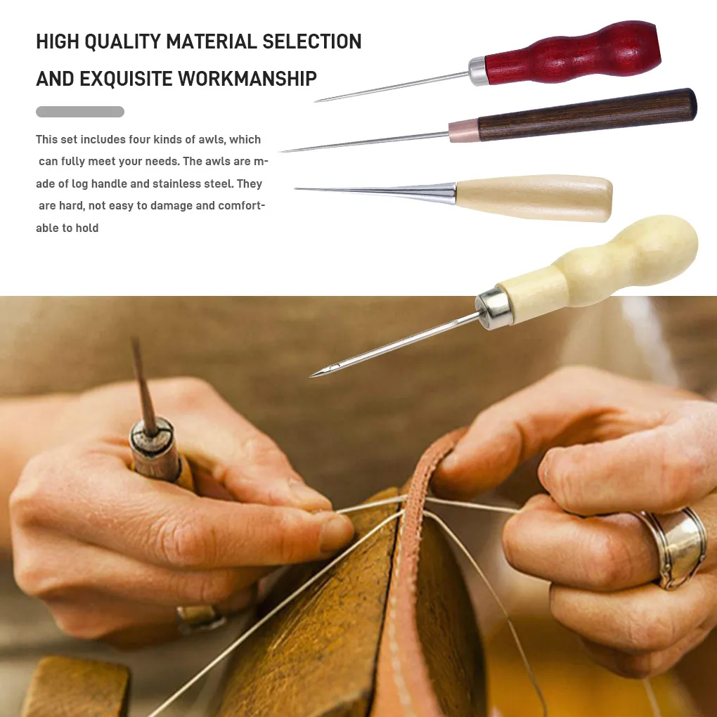 3/1PCS Wooden Handle Sewing Awl DIY Carft Canvas Shoes Threader