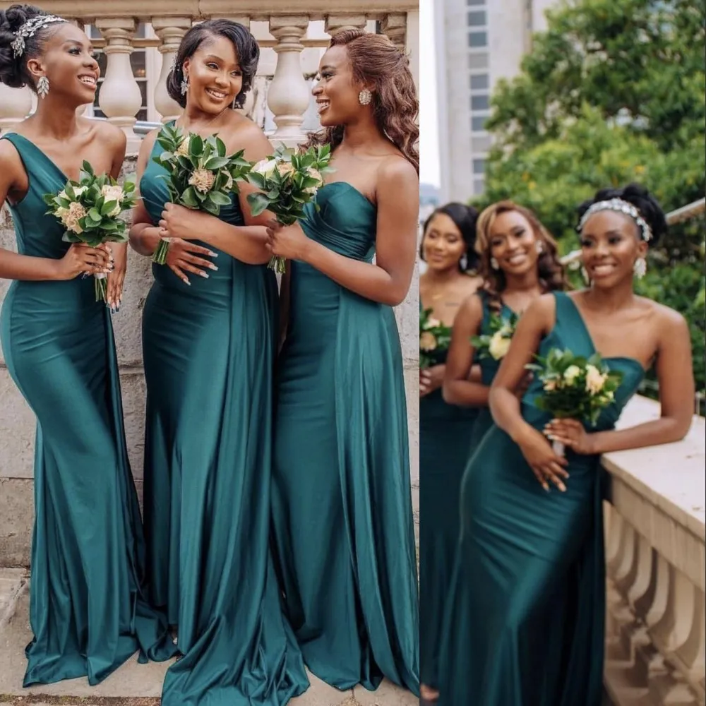 2023 Bridesmaid Dresses Sexy Dark Green Pink African For Wedding Guest Dress One Shoulder Mermaid Sweep Train Long Plus Size Party Maid of Honor Gowns