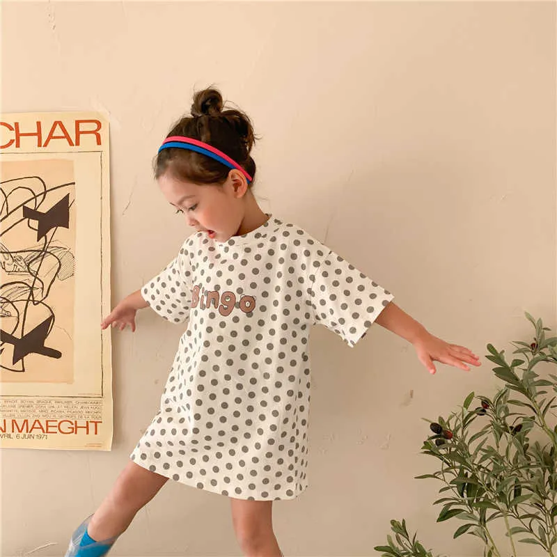 2021 Sommer Baby Mädchen Brief Drucken Dot Lange Stil T-shirts Kinder Kurzarm Lose Kleid Q0716