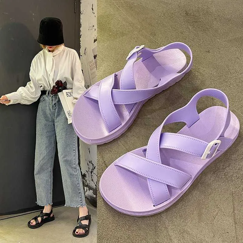 Sapatos de verão mulher roxo plataforma plana plana sandálias mulheres macio couro casual workgering wedges mulheres sapatos tamanho 36-40 210611