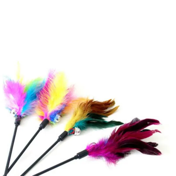 Cat Toys Feather Wand Kitten Cat Teaser Turkey Feather Interactive Stick Toy Wire Chaser Wand Toy Random Color DH8565