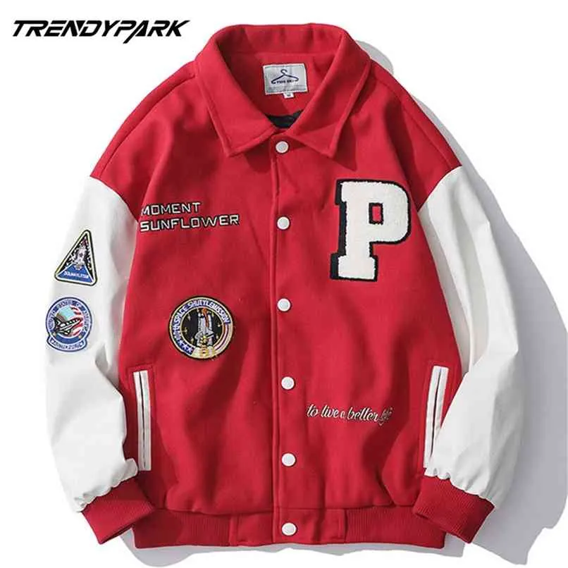 Mäns Varsity Uniform Baseball Jacket PU Läder Ärm Singel Breasted Appliques Bomber Jacka Broderier Patchar Casual Coat 210818