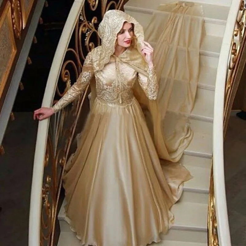 Luxury Evening Dresses Arabic Dubai Muslim Prom Dress Gold Lace Engagement  Cape | eBay