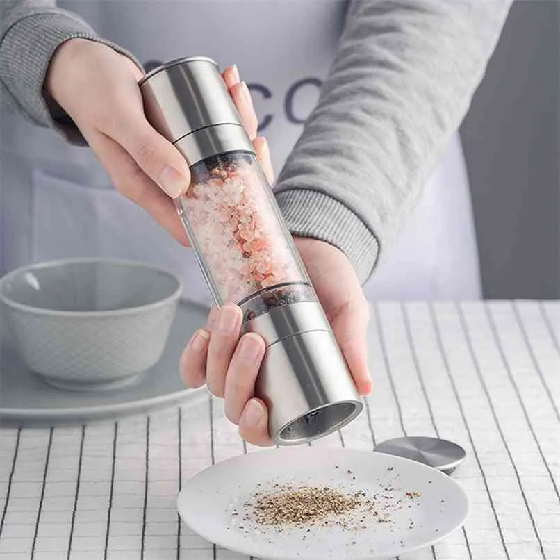 Stainless Steel Salt and Pepper Grinder Set 2 in 1 - Adjustable Ceramic Sea & 210712