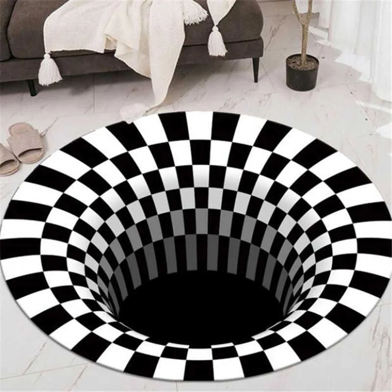 Slaapkamer Tapijten Zwart Wit Raster Afdrukken 3D Illusion Vortex Bodemloze Gat Tapijten Voor woonkamer Woondecoratie Tapijten 210727