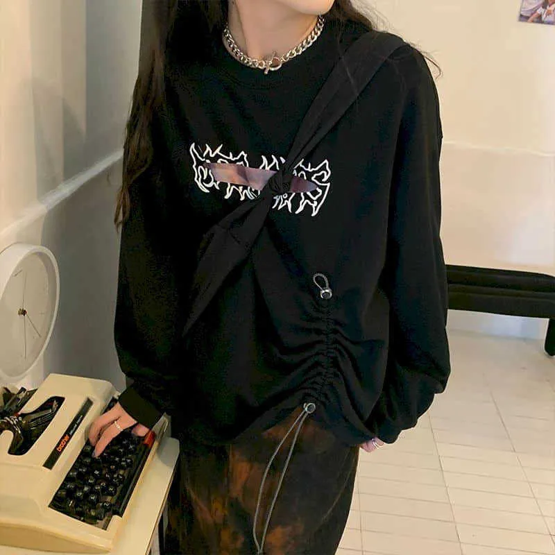 Black hoodies women drawstring irregular design sense letter printing foreign style loose hedging student sweatshirt 210526