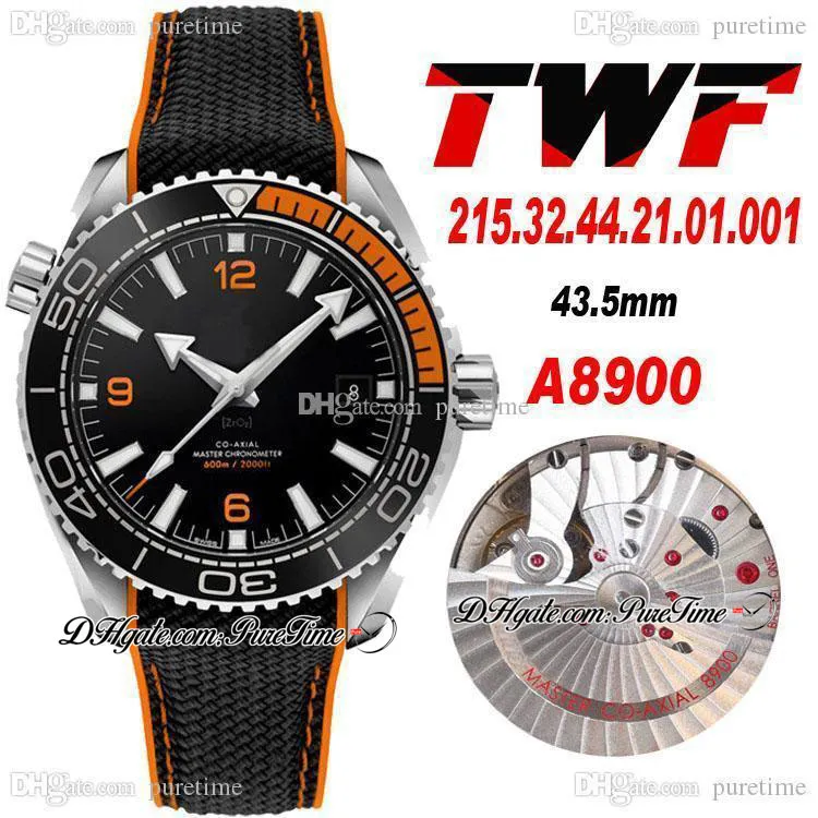 TWF 600m 43.5mm A8900 Montre automobile Homme Automatique Black Orange Céramique Bezel Stick Marqueurs Nylon Caoutchouc Bracelet 215.32.44.21.01.001 Montres Super édition Puretime Z03A1