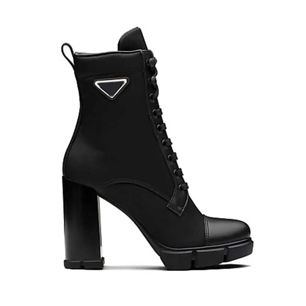 2022 Luxe Designer Mode Enkellaarsjes Leer en Nylon Laarsjes Vrouwen Monoliet Biker Australië Winter Platform Hoge Hakken Met Doos