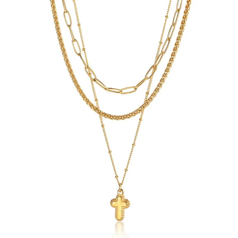 Chains Women Necklace Stack Set Layered Gold Color Stainless Steel Paperclip Wheat Satellite Link Chain 3pcs Tiny Cross Charm LDN253