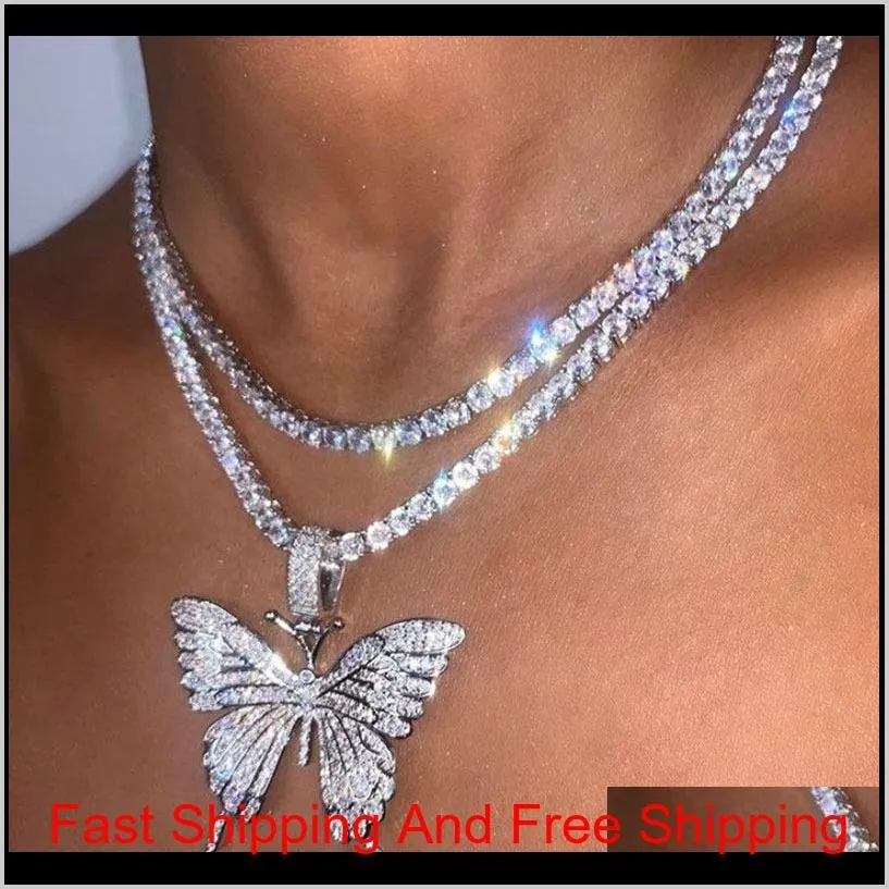 Oświadczenie Big Butterfly Naszyjnik Hip Hop Mrożony łańcuch kryszperestonu dla kobiet Bling Tinnis Chain Crystal Animal Choker Jewelry x bdoy5
