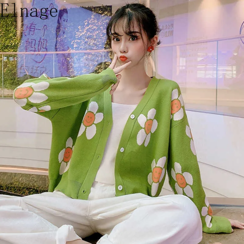 Cardigan lavorato a maglia con scollo a V con stampa floreale in stile college coreano primaverile da donna Maglione casual oversize casual da donna taglia unica 210610