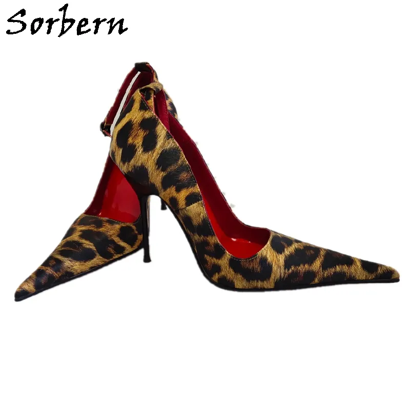 Sorbern leopardo apontado toe senhoras saltos altos 12cm stilettos aço tamanho de salto 39 talhas de tornozelo transgirls clube de noite calçado