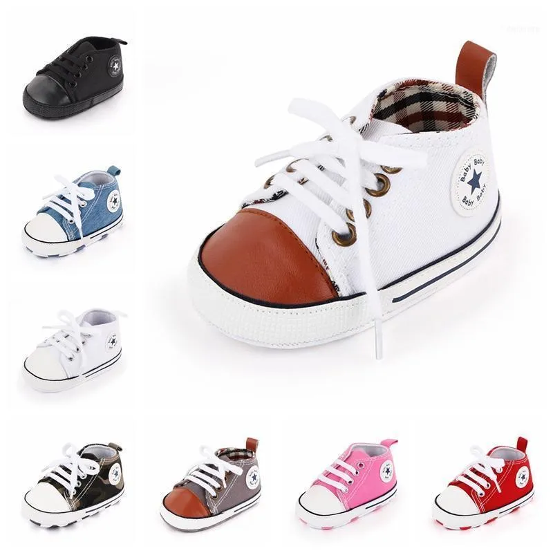 First Walkers Baby Boy Shoes 태어난 미끄럼 방지 유아용 유아용 면화 스타 스니커즈 화이트 브라운 캔버스 Babi Infant11