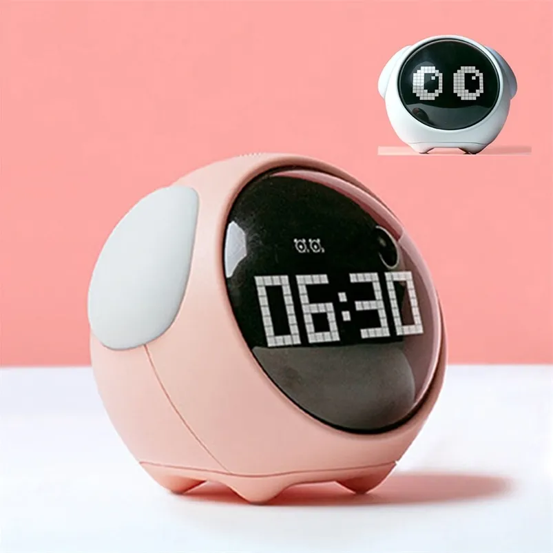 Bonita expresión de reloj despertador para niños con luz nocturna Control de sonido Snooze mesita de noche multifuncional 210804