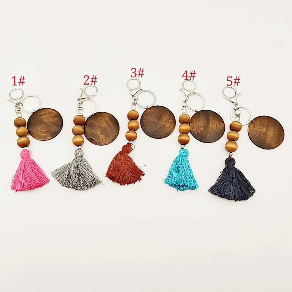 Wooden beaded key ring Party Favor trade wood bead keychains can print round and cotton tassel pendant keychain WMQ824