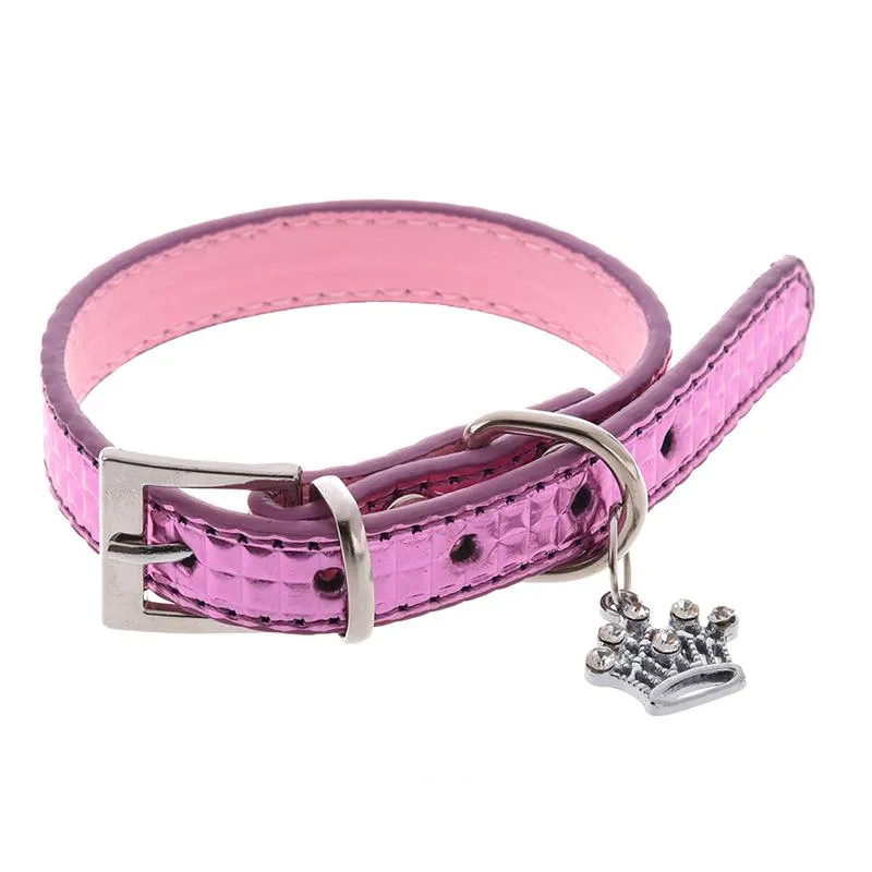 Dog Collars & Leashes Pet Puppy Collar PU Leather Adjustable Crown Charm Pendant Pink XS