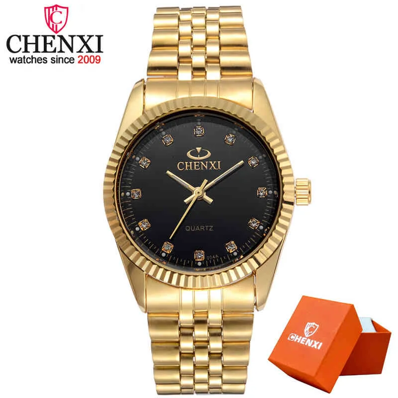 Chenxi男性のファッションウォッチの女性クォーツ時計高級ゴールデンステンレススチール製の腕時計恋人のドレスクロックボックスギフトQ0524