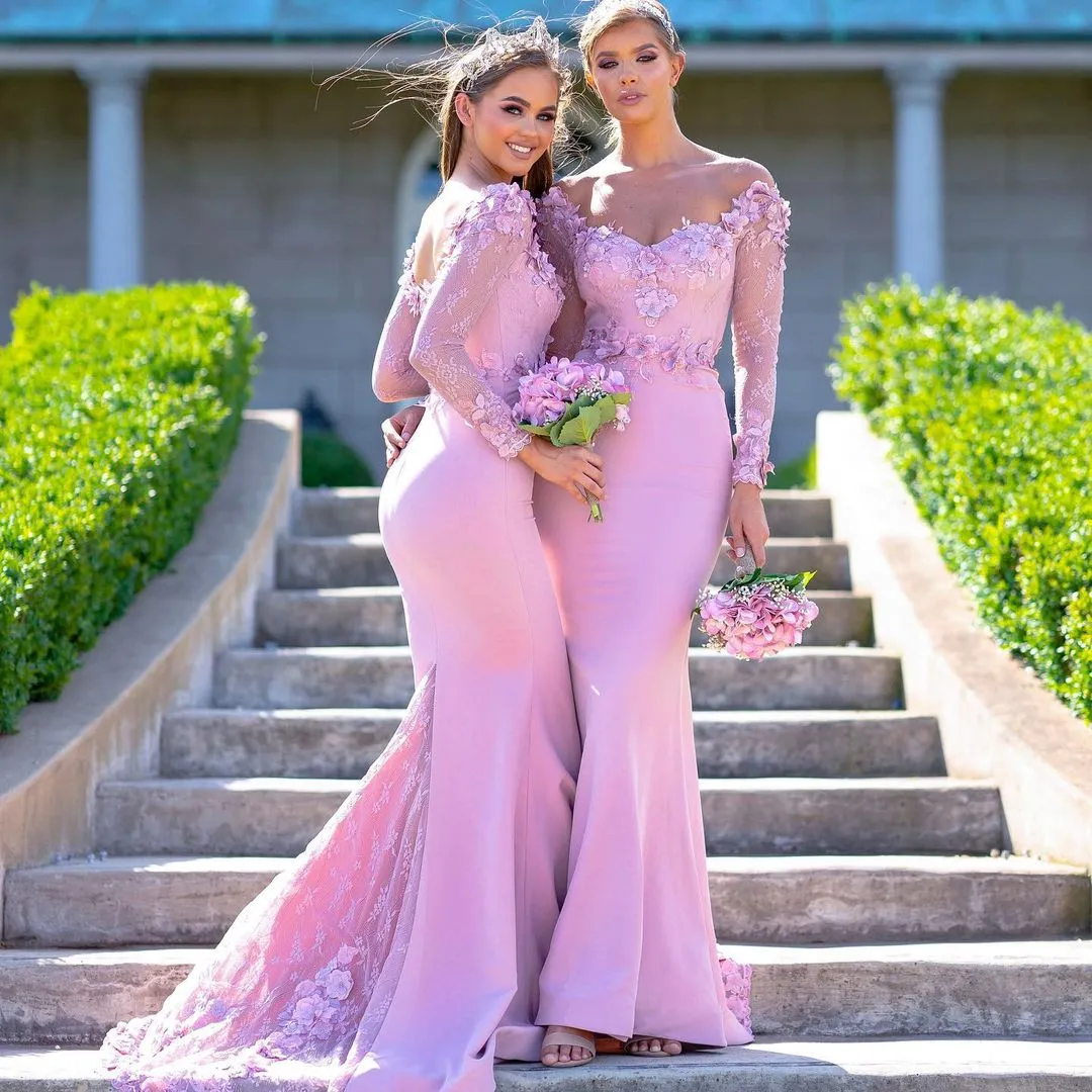 핑크 긴 소매 인어 신부 들러리 드레스 Appliqued Seweetheart 넥 넥타이 레이스 하녀 명예 가운 스윕 기차 새틴 웨딩 게스트 드레스