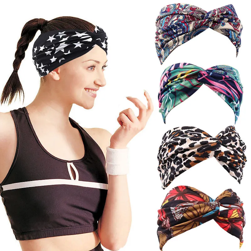 Fasce sportive elastiche a forma di croce bohémien Fascia per capelli da donna per donna multicolore movimento yoga assorbente khan foulard fitness a tesa larga