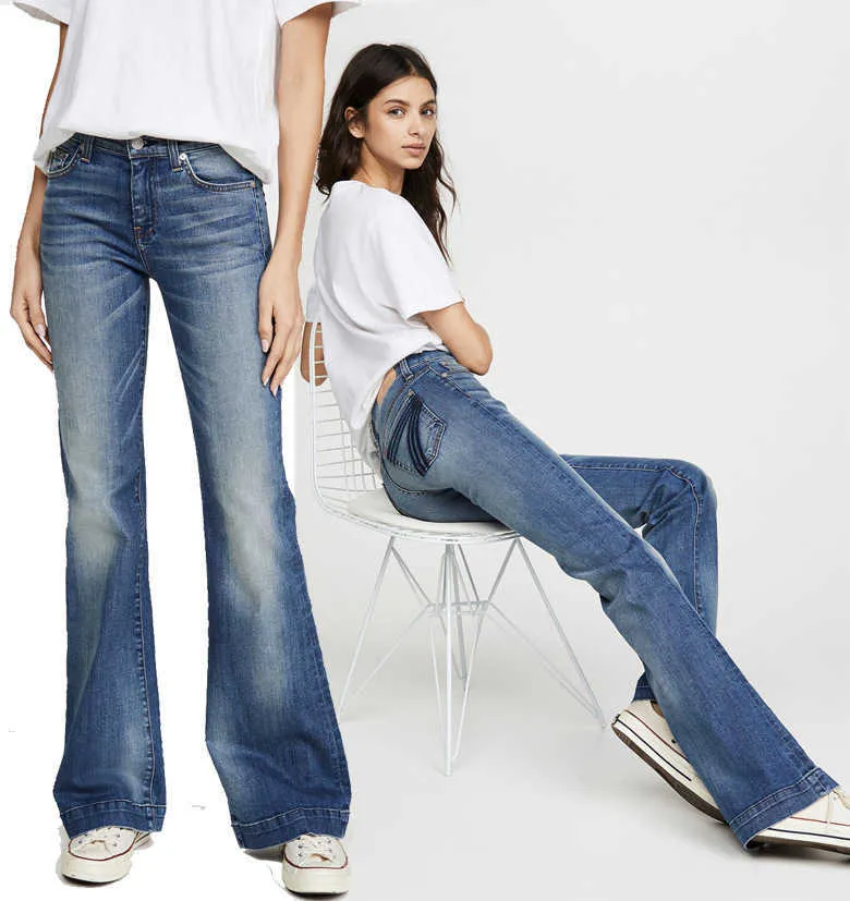 Jeans das mulheres 20 novos produtos no início do outono 7fam 7-shaped Calças de volta bolso de algodão elástico moído branco quadriciamento chifre denim calças mulheres