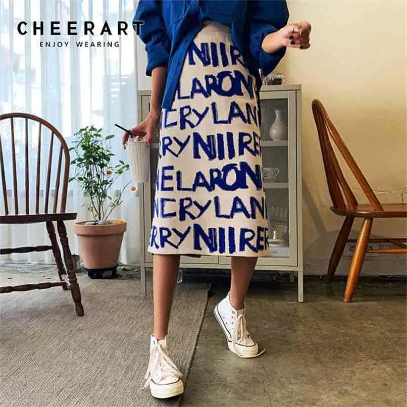 CHEERART Sweater Skirt Women Letter Print Knitted Korean Hgih Waist Long Winter Wrap Designer Fashion 210619