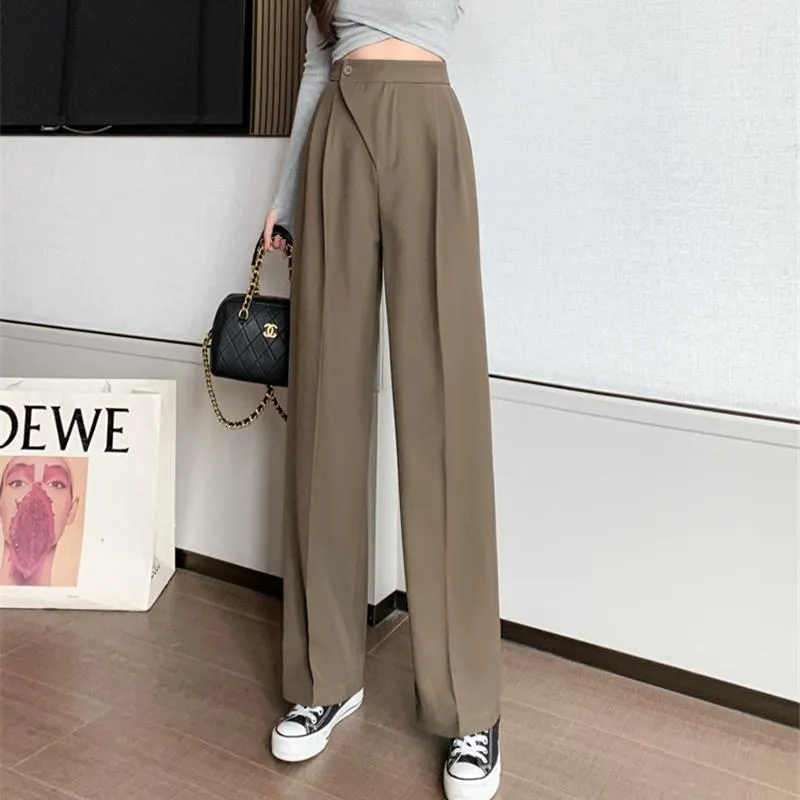 Women's Pants & Capris Chic Women Straight Wide Leg Korea Fashion High Waist Casual Office Ladies Trousers Pocket Long Suit K2382