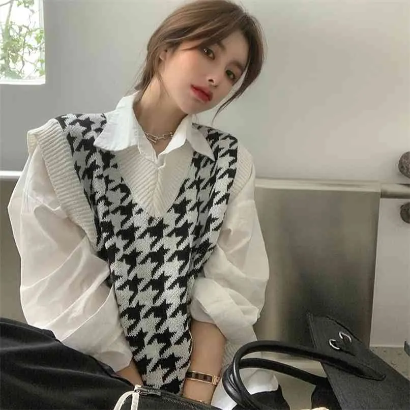 Houndstooth Vest Women's Knitted Autumn Loose Korean Outdoor soft warm Sweater Waistcoat 210529