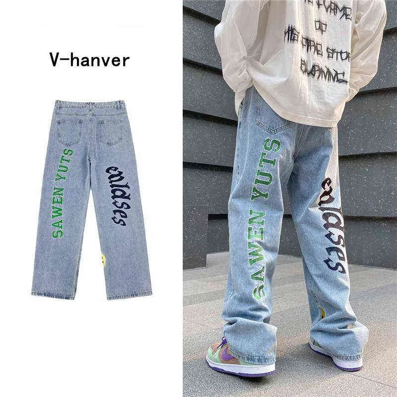 V-hanver New Hip Hop Letter Printing Jeans For Men High Street Blue Black Homme Loose Straight Hearts Pants Moto Trouse 0309