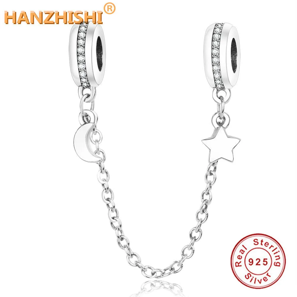 Otantik 925 Ayar Gümüş Ay Yıldız Dangle Emniyet Zinciri Charm Boncuk Orijinal Pandora Charm Bilezik Uyar DIY Takı Yapımı S0531