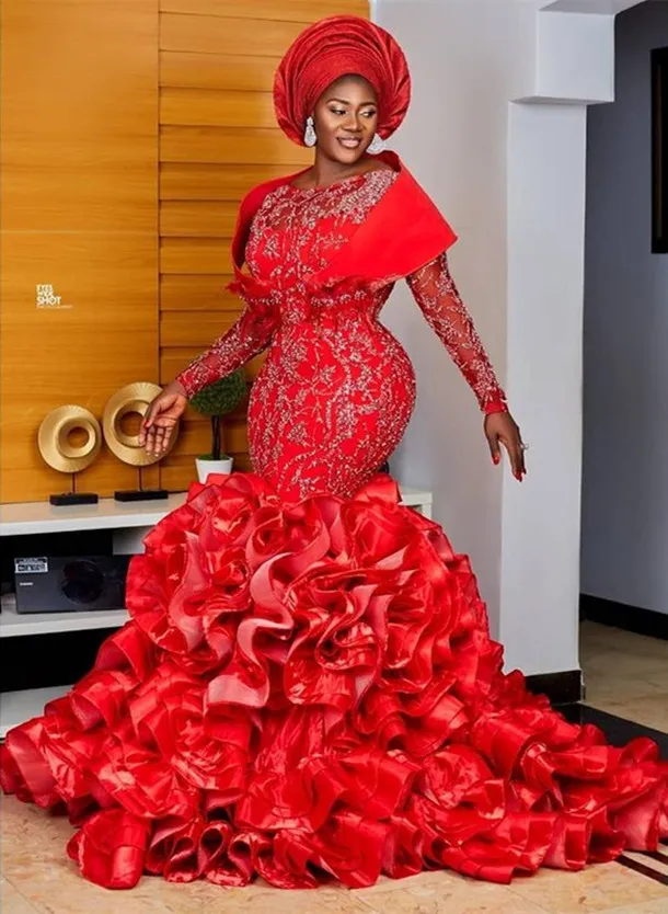 Aso Ebi 2021 Arabe Luxueux Rouge Sirène Robes De Soirée En Dentelle Perlée Robes De Bal Sexy Formelle Partie Deuxième Réception Robes ZJ262