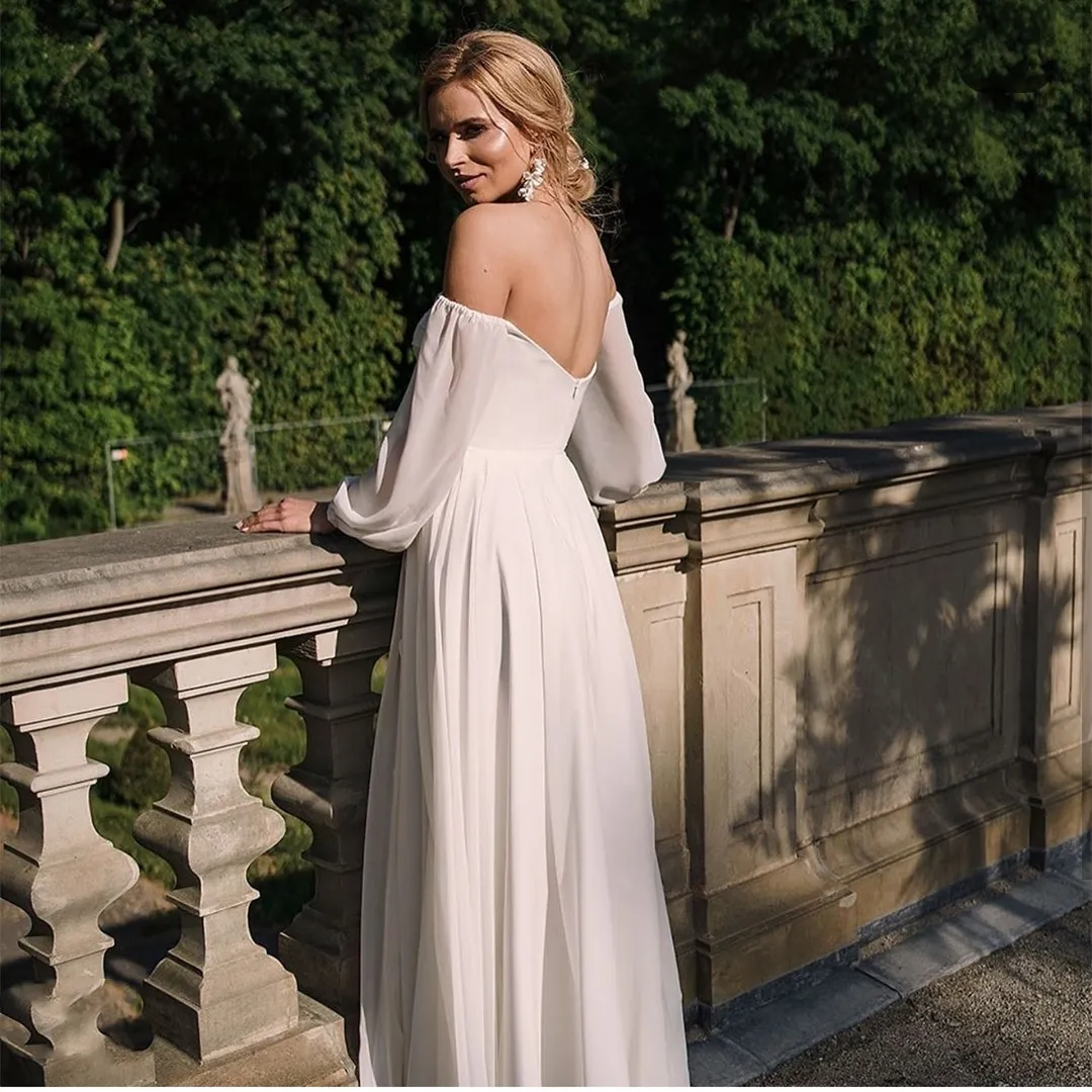 Beach Wedding Dress Chiffon Off Shoulder Long Sleeve Bridal Gown Floor  Length Low Back Elegant Bridesmaid Dress For Women From  Donnaweddingdress12, $79.61 | DHgate.Com, image size:1080x1080