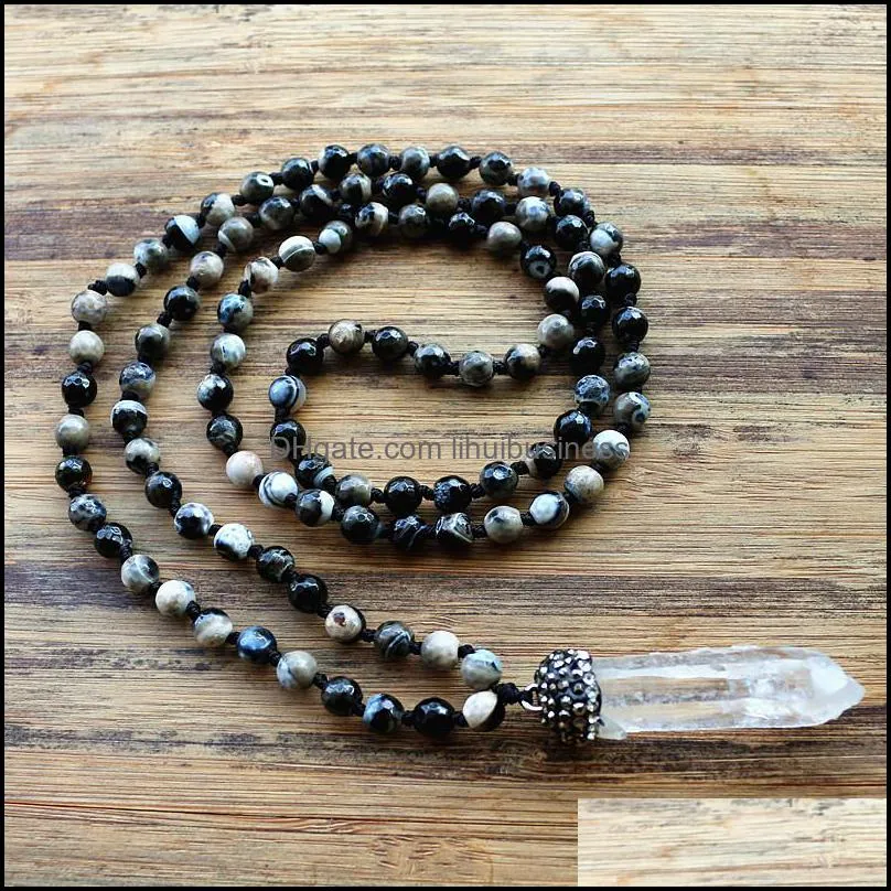 White crystal pendant & 6mm black Natural stone Rosary Chain Pendant Mala Necklace Handmade Women Natural Stone Bead Necklace Y1119