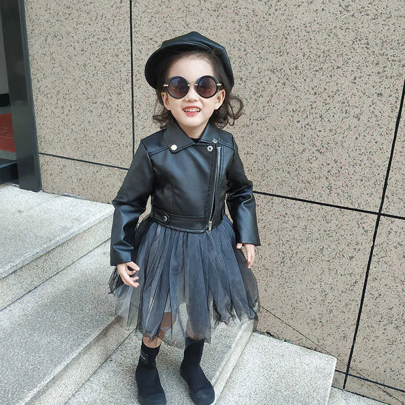 Kids Pu Leather Jacket for Girls with Removable Tutu Skirt Toddler Cool Spring Coat Black Fashion Outwear Clothing 210529