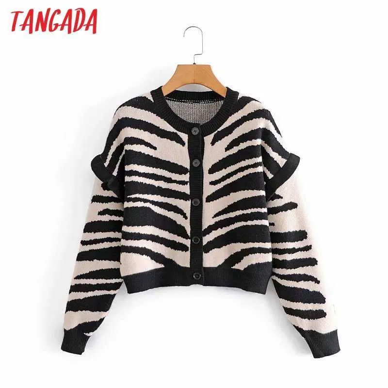 Tangada Kobiety Elegancki Lamparta Wzór Wzburzyć Cardigan Vintage Jumper Oversized Dzianiny Cardigan Płaszcz 5D22 210609