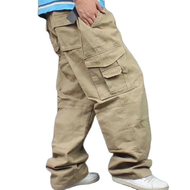 Plus Size Loose Baggy Cargo Pants Men Casual Outdoor Cotton with Big Pocket Straight Wide Leg Trousers Male Clothes 210715