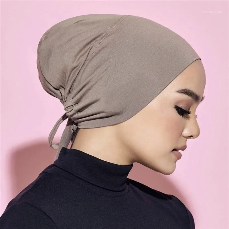 스카프 코튼 이너 터번 모자 스트레칭 Hijab Cap 여성 Underscarf Headband Muslim Scarf Drawstring 모자 이슬람 저지 보닛