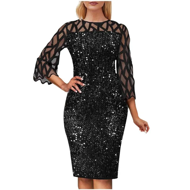 Casual Dresses Fashion Glitter Shiny Sequin Bodycon Evening Party Dress Women 3/4 Sleeve Mesh Patchwork Office Midi Mujer Vestido Robe