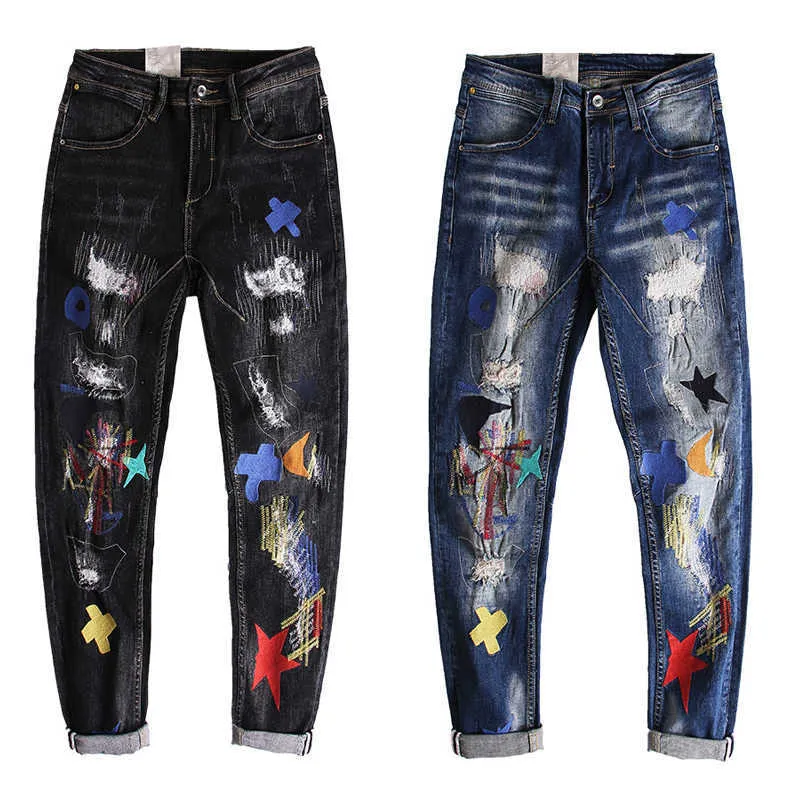 Amerikanska streetwear mode män jeans elastiska förstörda rippade broderier patchwork designer hip hop slim punk byxor