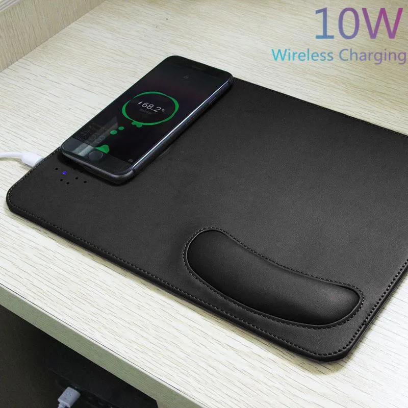 Mouse Pads Наручные Остатки Ци 10 Вт Беспроводное телефонное зарядное устройство Зарядка Компьютерная PAD PU Кожаная Кожа Вершина Mouse Pap Mougher С Отдых Маленький Эргономичный ПК Офис Мыши MA