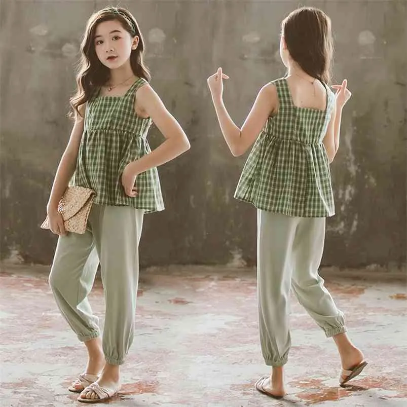 Summer Children Sets Casual Strap Plaid Ruffles Tops Solid Trousers 2Pcs Girls Clothes 3-12T 210629