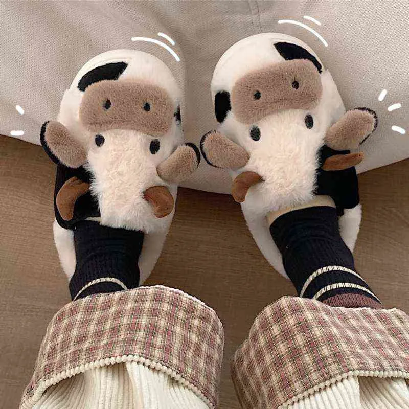 Femmes mignon Animal pantoufle filles mode Kawaii moelleux hiver chaud pantoufles dessin animé lait vache maison drôle pantoufles Chaussure Femme H1122