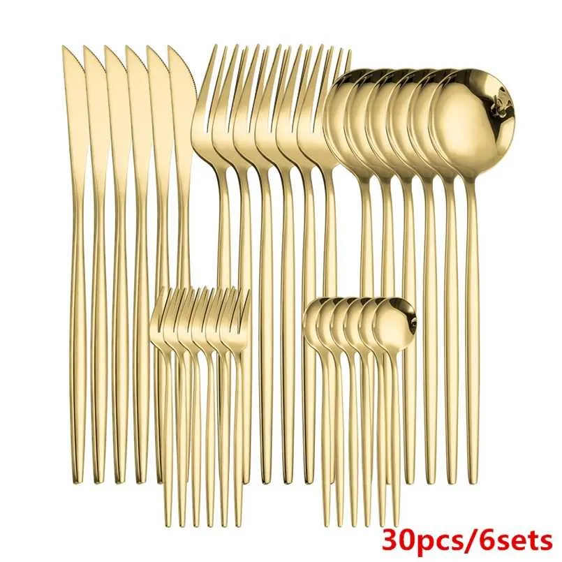 Zestaw złotych sztućców ze stali nierdzewnej złote noże widły łyżki sztućce Zestaw kuchennych tableware Gold dinner set Drop 211108