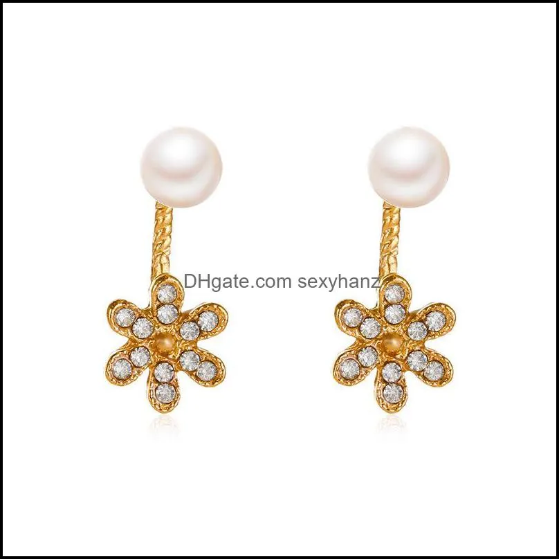 Yamog Korean Diamond Flowers Pearl Charm Earrings Women Female Alloy Tassel Plants Ear Studs For Business Party Sweater Earring Jewelry Accessories Gold